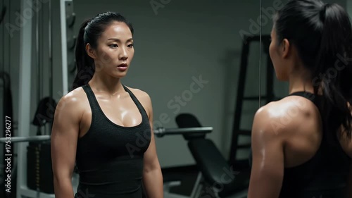 Fit Woman Looking At Reflection During Workout
