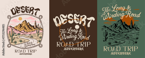 Desert Road Trip Adventure Illustration: Embark on a journey of exploration and discovery, capturing the essence of adventure with scenic mountain views and a long winding road.