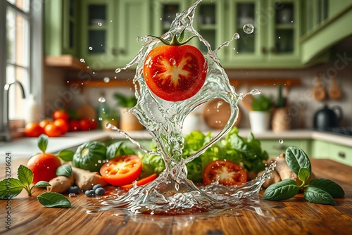 Fresh sliced tomato in mid-air with water splash, styled food scene in bright kitchen setting.