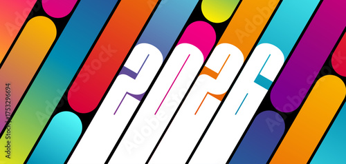 2026 - Bannière au graphisme moderne avec des chiffres blancs de la nouvelle année sur un fond de forme aux effets de dégradé fluorescents.