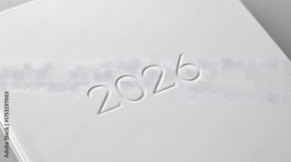 Fototapeta premium Elegant white 2026 calendar or agenda cover with a subtle embossed design, symbolizing future planning and new beginnings
