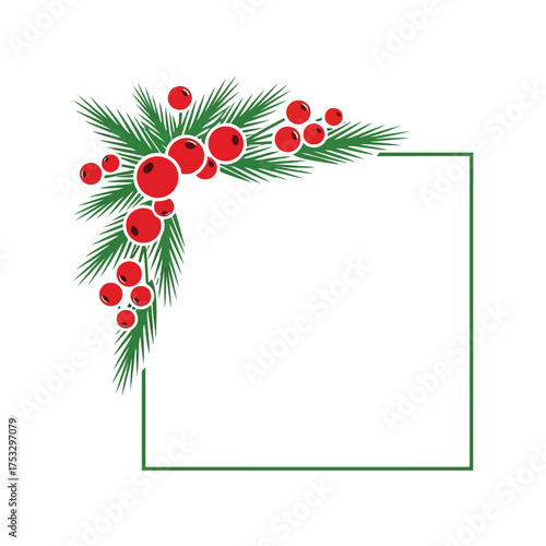 Festive christmas corner border with red berries and green fir needles vector