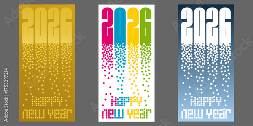 2026 - 3 versions de cartes de vœux avec un graphisme constitué d’une pluie de pixels pour fêter la nouvelle année.