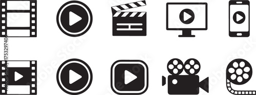 Collection of film and video playback icons movie play button