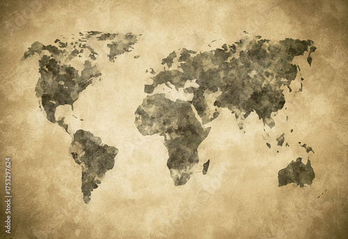 Grunge world map on vintage paper background in watercolour style.