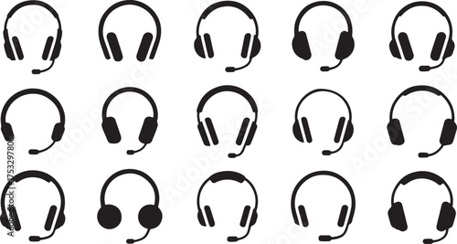 Collection of Headset Icons with Microphones on White Background Keywords: headset, headphones, microphone, audio, communication, call center, support