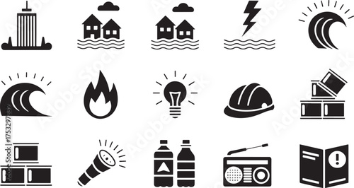 Collection of Icons Depicting Disaster and Safety Related Items Keywords: disaster, safety, icon, building, flood, wave, lightning, fire, lightbulb
