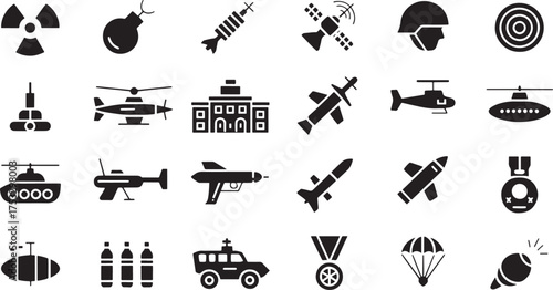 Collection of military and war related icons including weapons vehicles and symbols Keywords: military, war, army, weapon, vehicle, bomb, missile