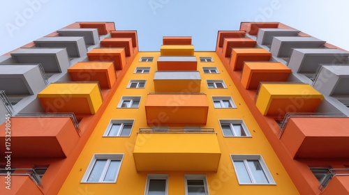 Modern Multifamily Residential Building with Colorful Exterior and Unique Balconies in Urban Environment Under Clear Blue Sky