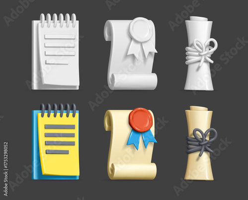 Glossy icons set of paper documents. Paper old script roll tied with rope, tablet with notes and certificate with stamp on dark background. Gradient mesh used. Vector illustration.
