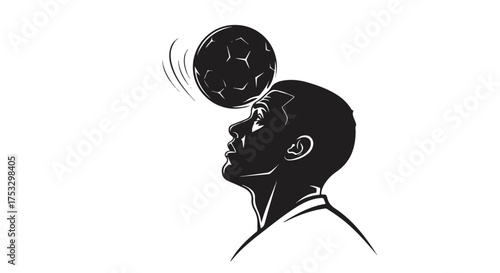 Soccer player heading football. Dynamic black and white silhouette illustration of an athlete performing a header. Sports action vector.