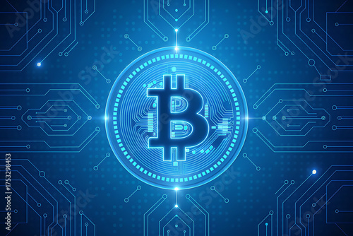 Glowing bitcoin symbol on futuristic digital circuit board background