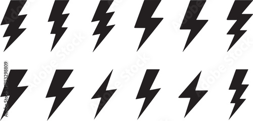 Collection of twelve black lightning bolt icons arranged in two rows on a white background Keywords: lightning bolt, thunderbolt, electricity, energy