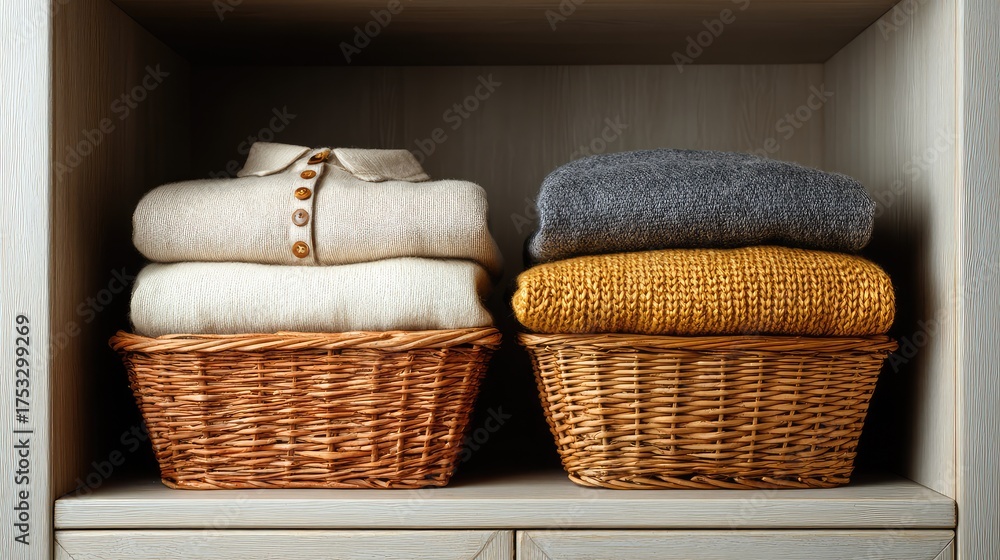 Obraz premium Cozy and Neatly Organized Sweaters in Baskets on a Wooden Shelf for a Warm and Inviting Home Aesthetic in a Modern Interior Space