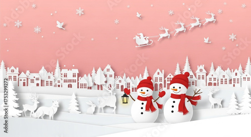 christmas night landscape. winter landscape with christmas tree. Merry Christmas and Happy New Year paper art vector illustration. Winter landscape with Santa Claus sleigh flying over a snowy village.