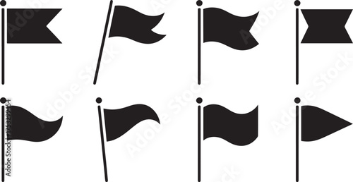Eight black silhouette flag icons with different shapes and waving styles on white background