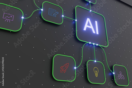 Technology and data visualization - AI connected through nodes to business communication and finance icons.