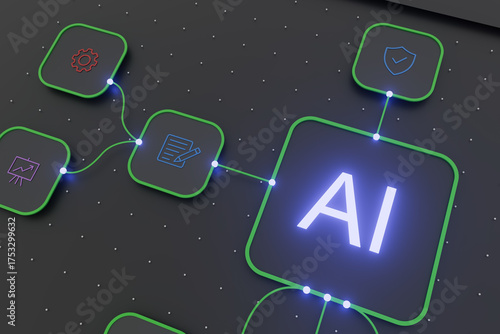 Futuristic concept - AI in the middle surrounded by digital nodes connecting to business-related symbols.