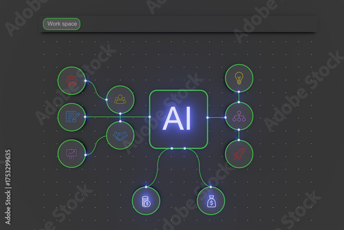Abstract glowing network design featuring central AI and connected icons for innovation and analytics.