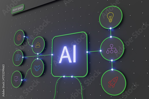 Glowing AI typography in the center connected to various business icons by digital node lines.
