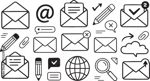 Email and Communication Icons Hand Drawn Doodle Set Keywords: email, message, envelope, mail, communication, contact, send, receive, notification