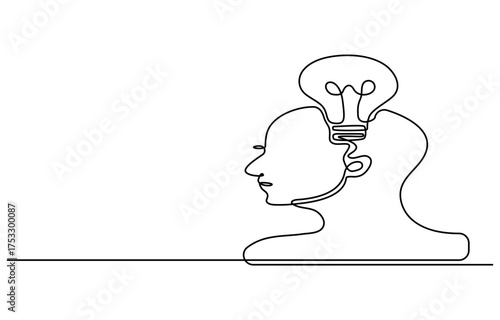 light bulb eruption idea, head with light bulb, messy arrow, business plan, decision making, evaluation continuous one line drawing