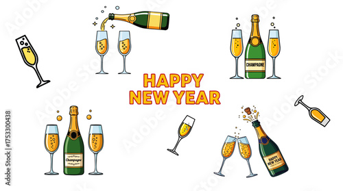 Festive celebration with champagne bottles and glasses for New Year's party. Bubbly drinks showcased in various styles, pouring champagne into flute glasses for joyful New Year festivities.