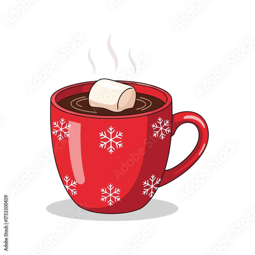 Cozy red mug hot chocolate with marshmallow and snowflakes perfect for winter holidays vector