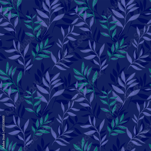 Seamless vector pattern with elegant botanical leaves in shades of blue and green on a dark navy background. Modern design for textiles, wallpaper, wrapping, and