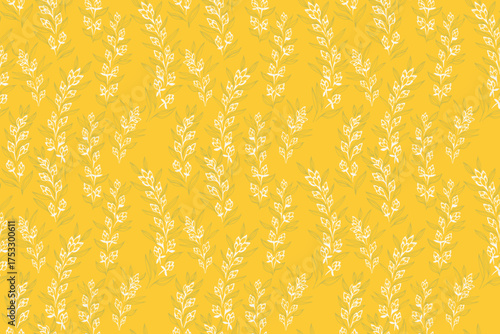 Seamless vector pattern with delicate botanical branches and tiny flowers on a warm yellow background. Hand drawn minimalistic floral design with soft green leaves, ideal for textiles, wallpapers