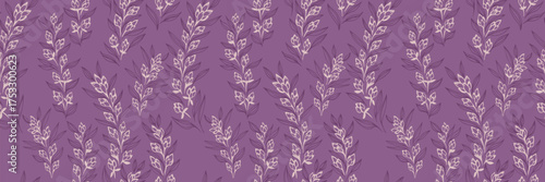 Seamless vector floral pattern with delicate hand drawn branches and leaves in soft beige on purple background. Elegant botanical design for fabric, wallpaper, and packaging