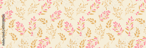 Seamless vector floral pattern with beige background, golden leaves, and pink blossoms. Elegant botanical design for fabric, packaging, stationery, and wallpapers