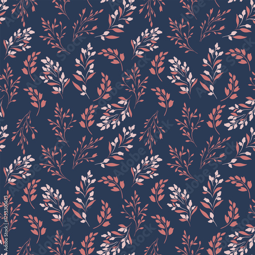 Seamless floral vector pattern with elegant hand drawn branches and delicate leaves in soft pink and terracotta shades on a deep navy background. Designs for textiles, wallpapers, packaging,