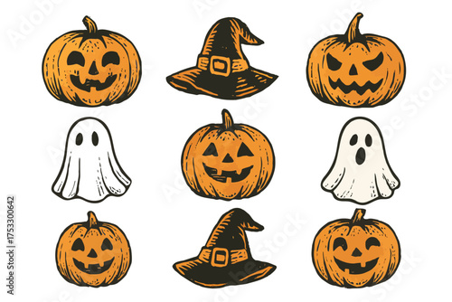 Vintage Halloween Icons Set: Jack-o-Lanterns, Ghosts, and Witch Hats

