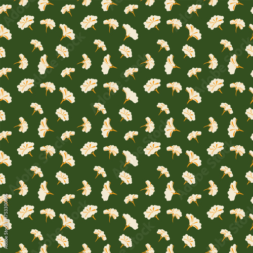 Seamless vector floral pattern with small cream blossoms on deep green background. Elegant botanical design for textiles, packaging, wallpaper, and surface prints