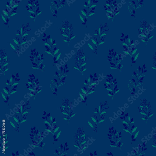 Seamless vector pattern with elegant leafy twigs in dark green and navy tones on a deep blue background. Perfect for fabric, wallpaper, packaging, and modern surface design