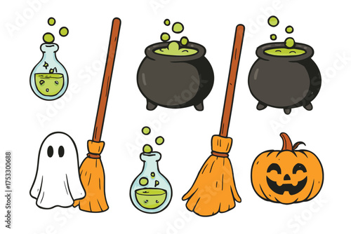 Cute Cartoon Halloween Icons: Cauldron, Ghost, and Broomstick

