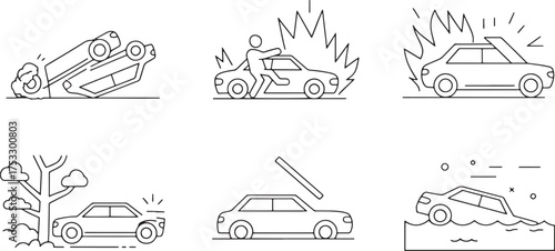 Line Art Illustrations of Car Accidents and Road Incidents vector