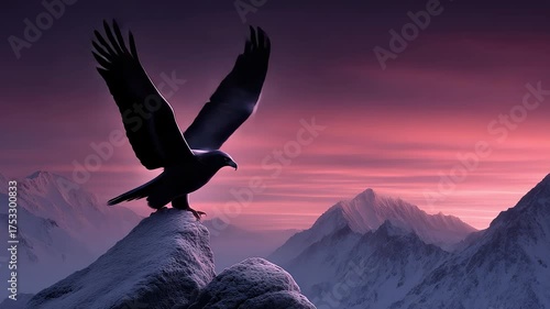 An Eagle Stands Proudly on a Snowy Mountain Peak