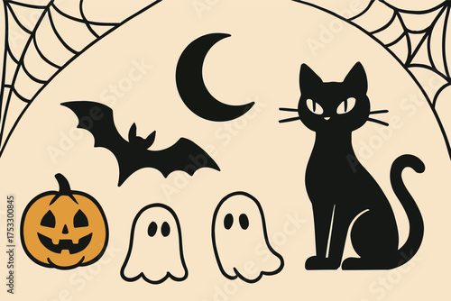 Minimal Retro Halloween Icons with Black Cat and Ghosts

