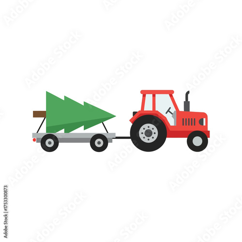 Red tractor hauling christmas tree on trailer festive holiday transportation vector