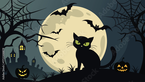 Black Cat Halloween Night with Full Moon and Haunted House

