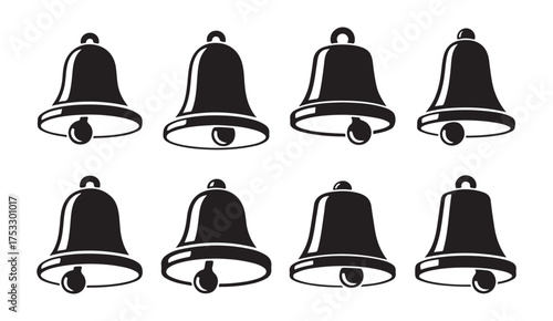 Collection of black ringing bell icons in minimal style for holiday, church, and alert symbol vector illustrations