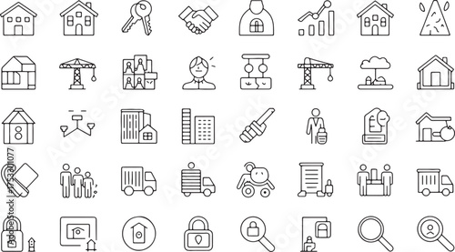 Real Estate and Business Icons Set with Houses, People, and Finance Symbols home building