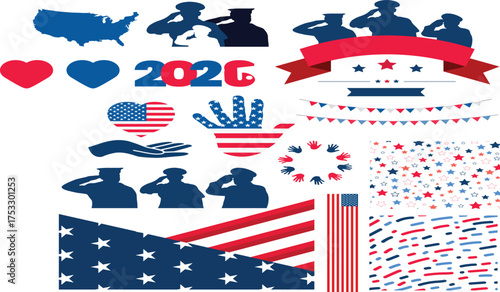 Patriotic American Icons Set 2020, USA Map, Flags, Salute, Stars, Stripes, Hearts, and Bunting Graphics for Independence Day, Memorial Day, and Veterans Day Celebrations