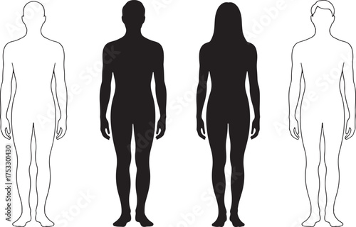 Silhouettes of Male and Female Figures in Outline and Solid Black Keywords: male, female, silhouette, figure, outline, solid, black, white, human