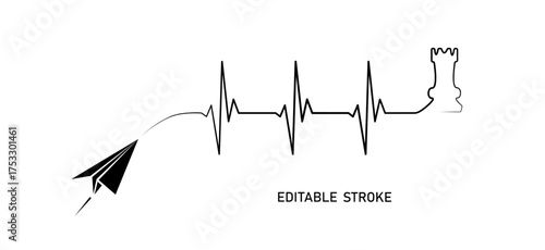 Editable line heart rhythm illustration with chessboard piece, origami paper plane, heartbeat line vector design to use for healthcare, business idea, healthy lifestyle, brainstorm projects. 