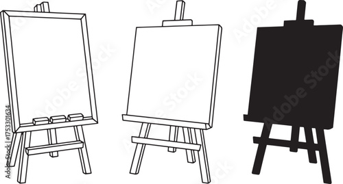 Three easels in different styles including outline filled and silhouette on a white background Keywords: easel artist stand painting drawing display