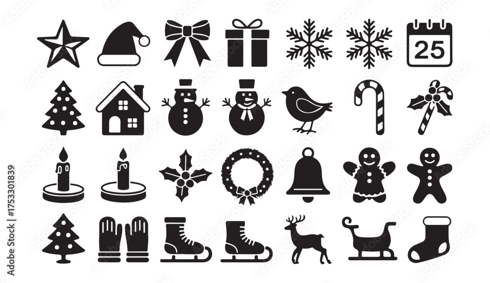 Naklejka premium Set of Christmas and New Year vector icons showing snowflakes, trees, reindeer, bells, and ornaments in minimal black silhouette style
