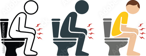 Three stylized icons of people sitting on toilets with red lightning bolts indicating discomfort person